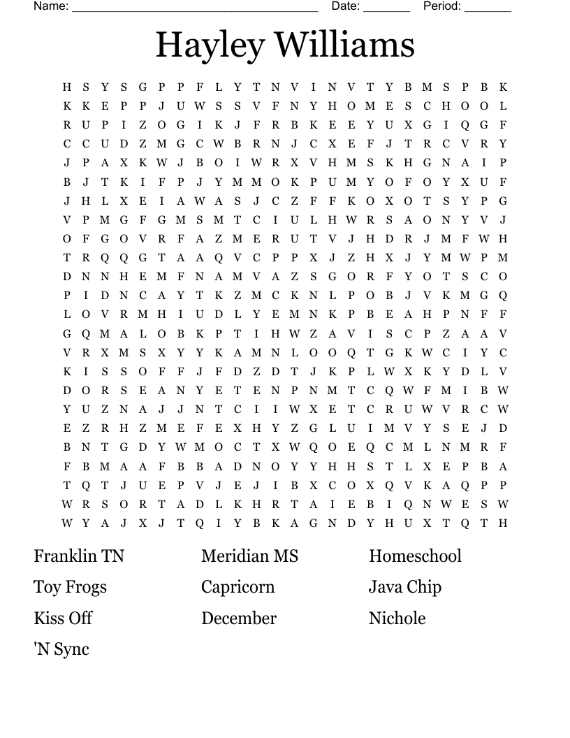 Hayley Williams Word Search