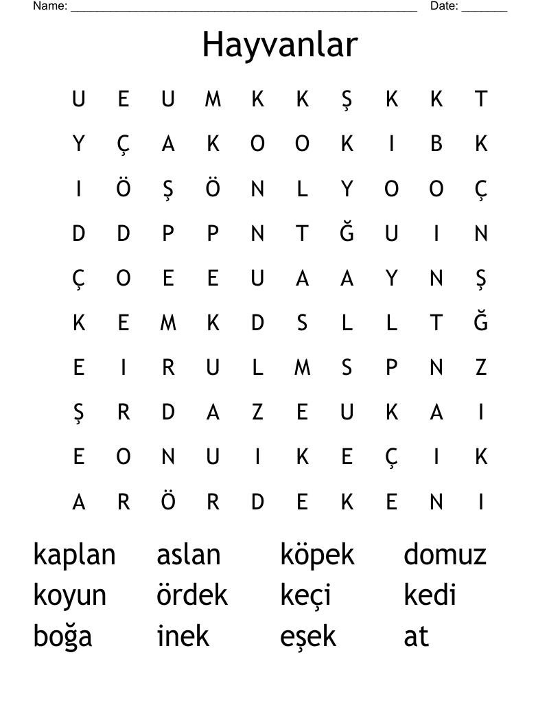 Hayvanlar Word Search