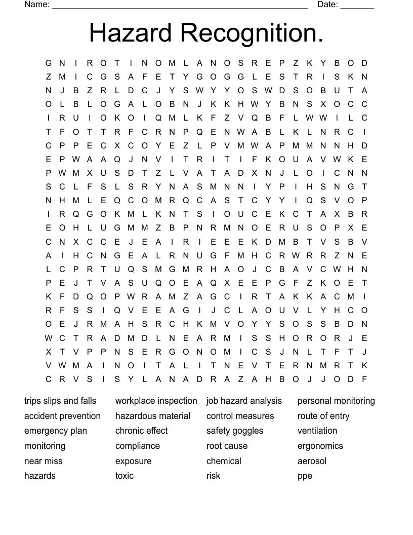 Hazard Recognition. Word Search