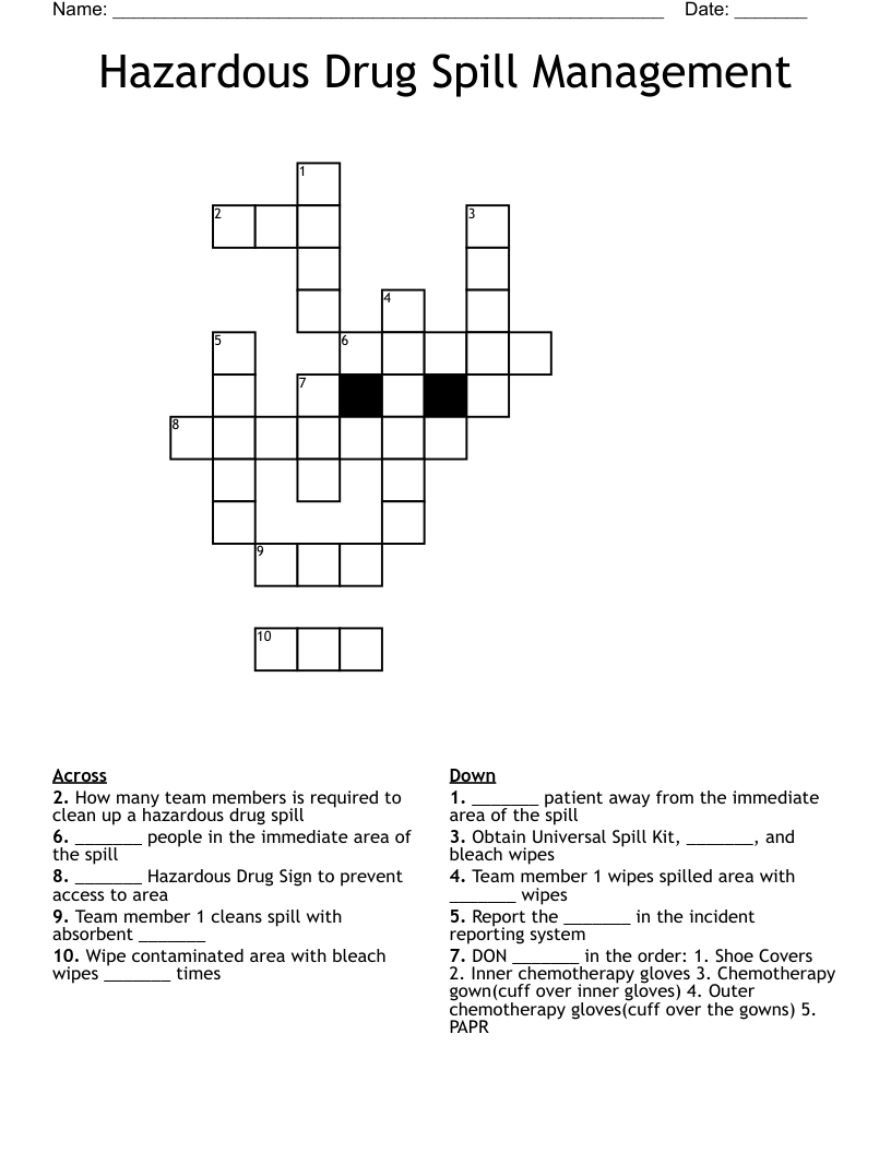 Hazardous Drug Spill Management  Crossword