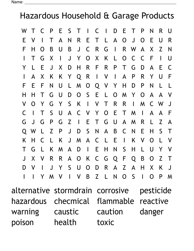 Hazardous Household & Garage Products Word Search