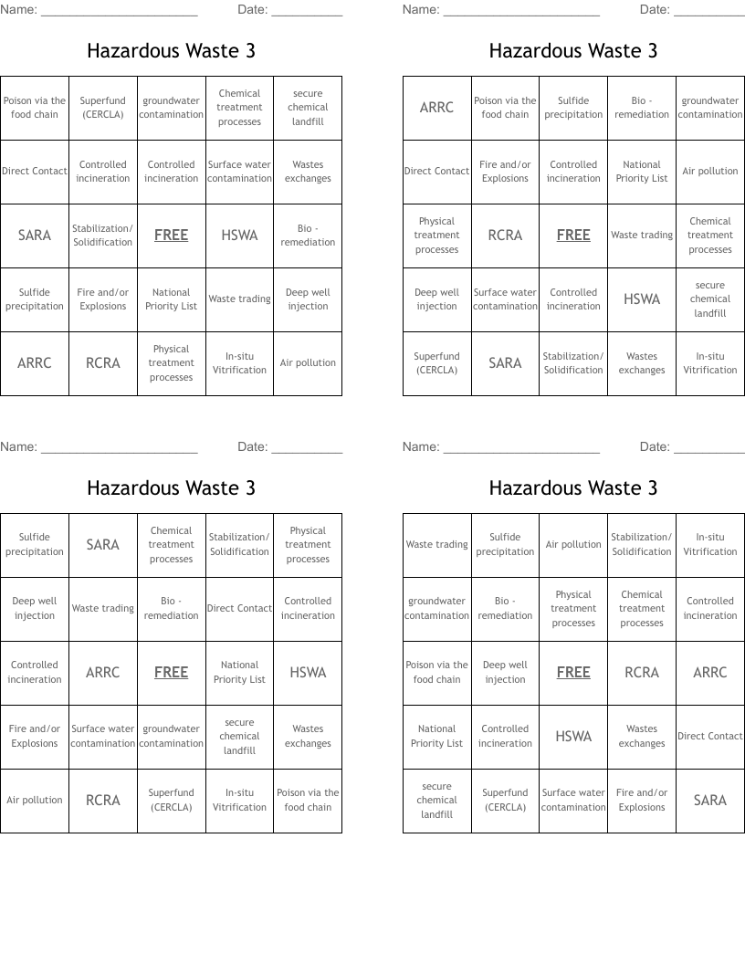 Hazardous Waste 3 Bingo Cards