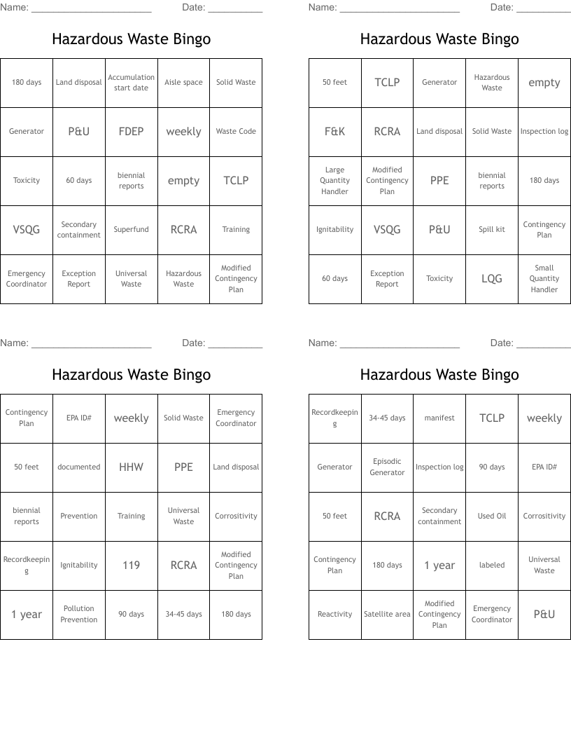Hazardous Waste Bingo