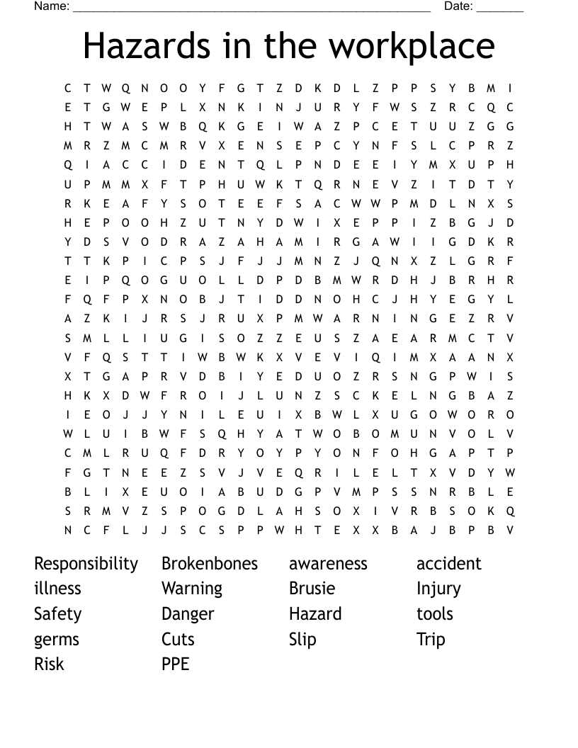 Hazards in the workplace Word Search