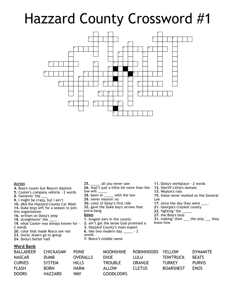 Hazzard County Crossword #1