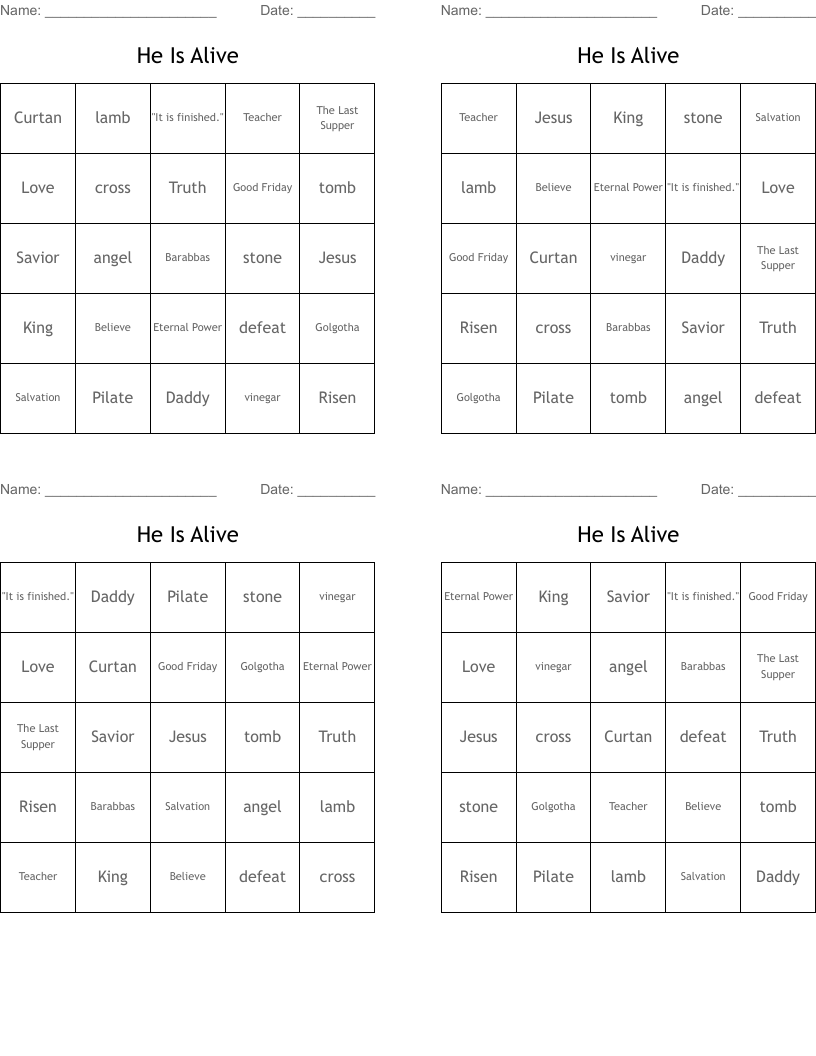 He Is Alive Bingo Cards