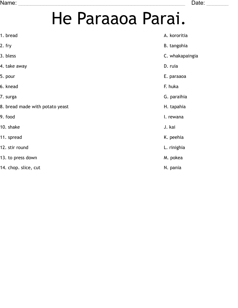 He Paraaoa Parai. Worksheet
