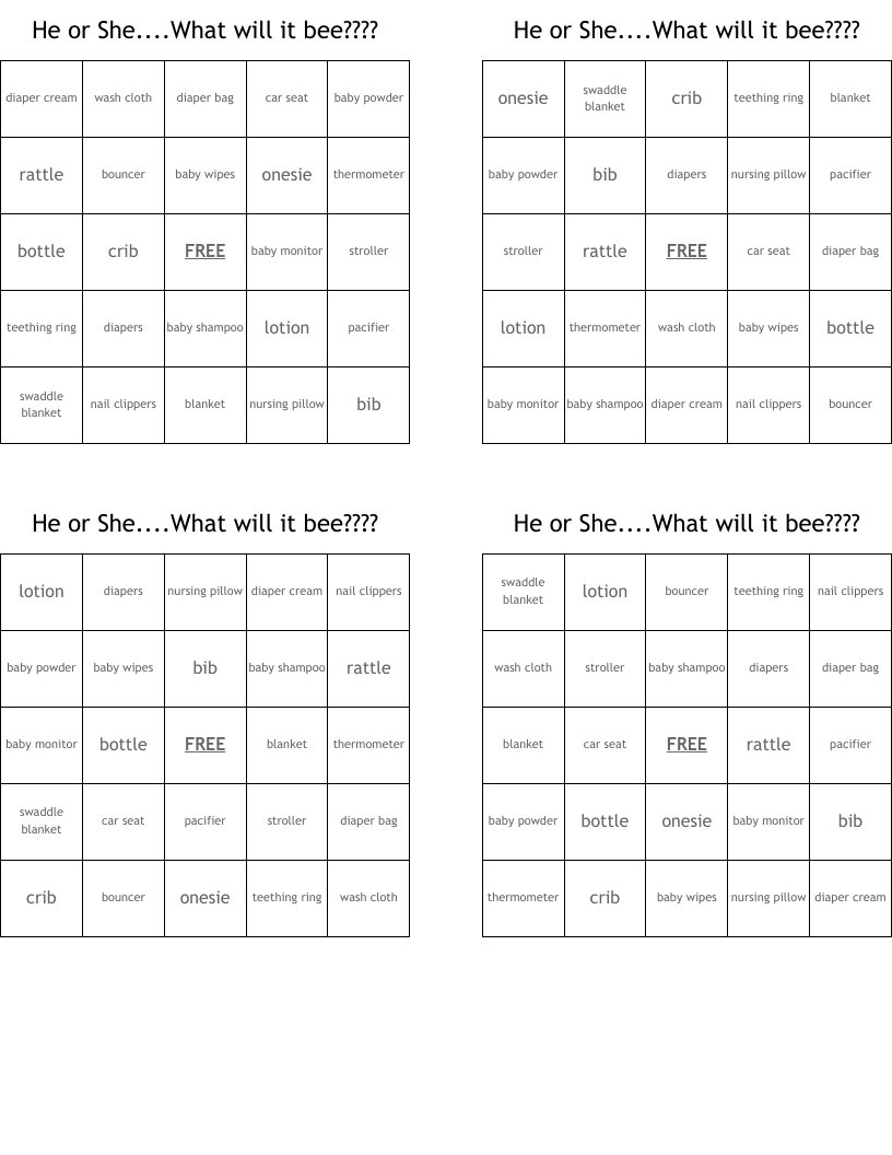 He or She....What will it bee???? Bingo Cards