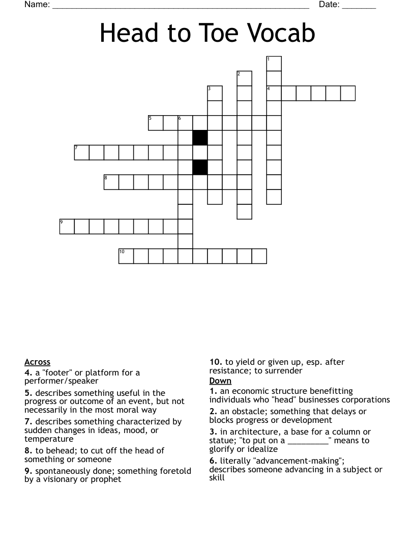 Head to Toe Vocab Crossword