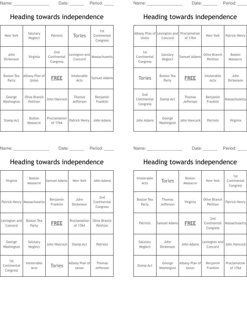 Heading towards independence Bingo Cards