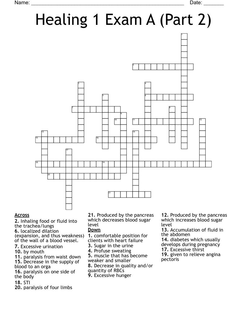 Healing 1 Exam A (Part 2) Crossword
