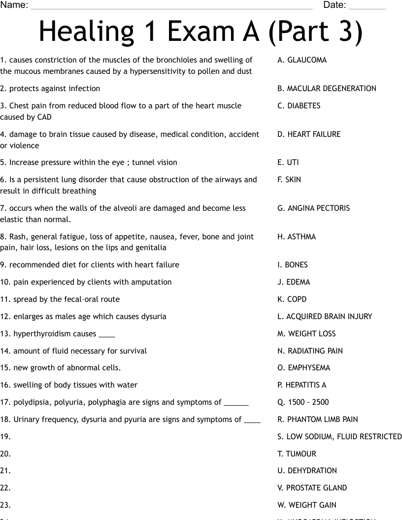 Healing 1 Exam A (Part 3) Worksheet