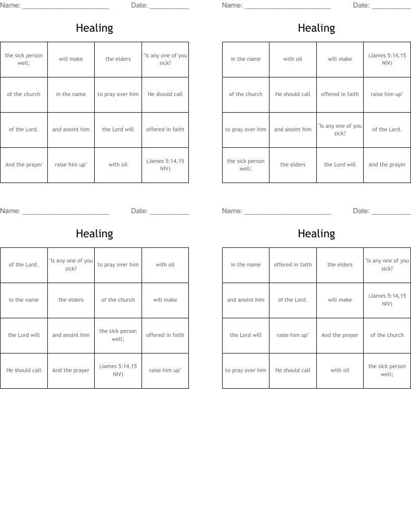 Healing Bingo Cards