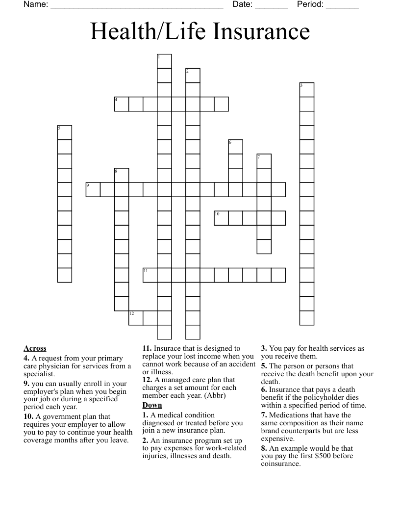 Health/Life Insurance Crossword