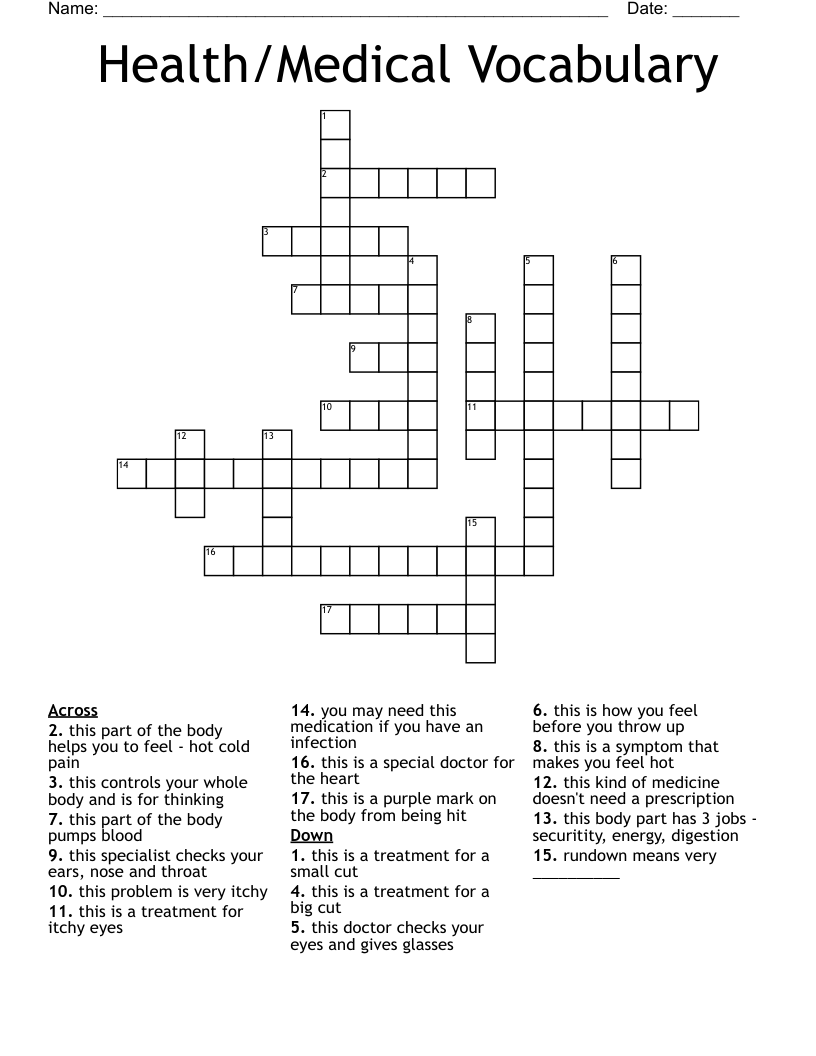 Health/Medical Vocabulary Crossword