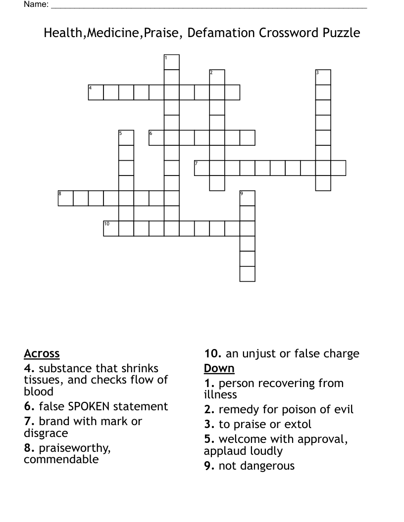 Health,Medicine,Praise, Defamation Crossword Puzzle 