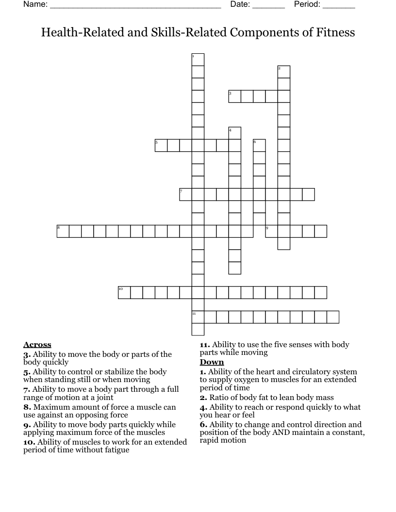 Health-Related and Skills-Related Components of Fitness Crossword