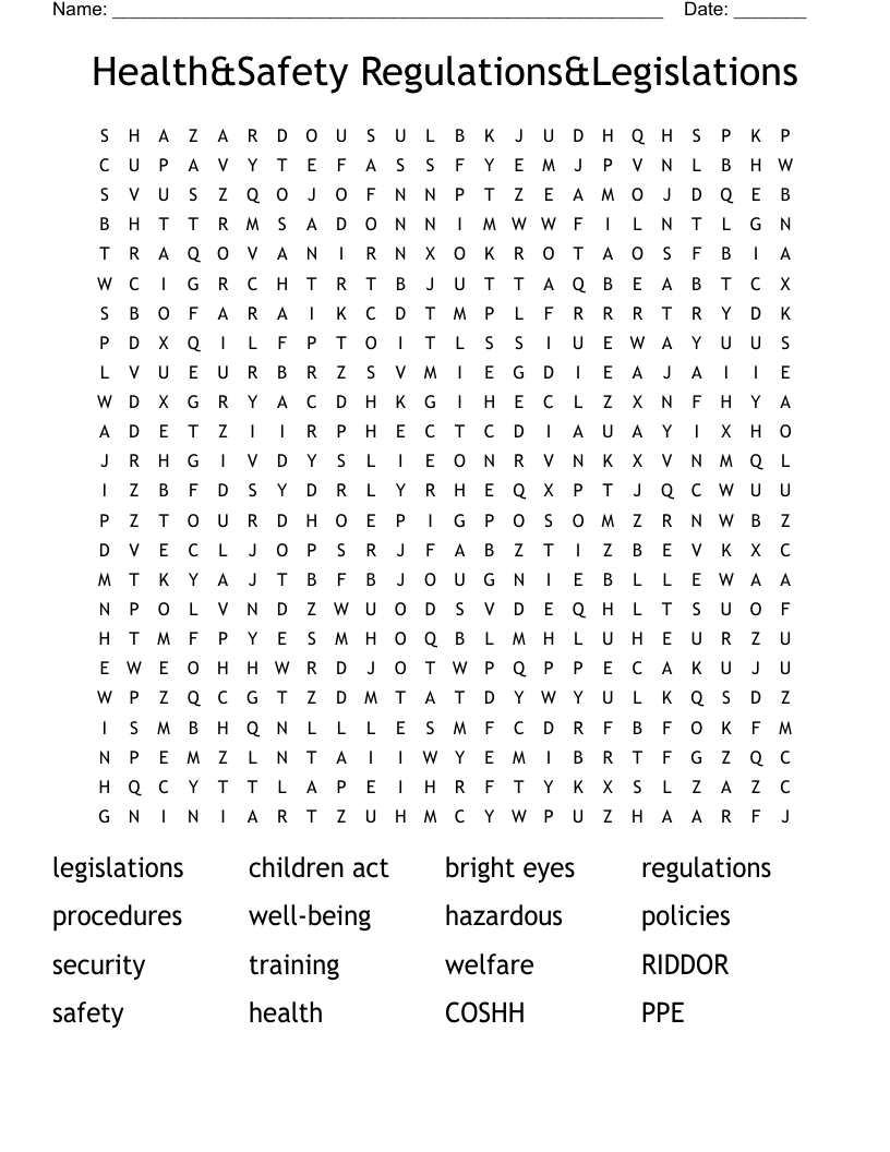 Health&Safety Regulations&Legislations Word Search