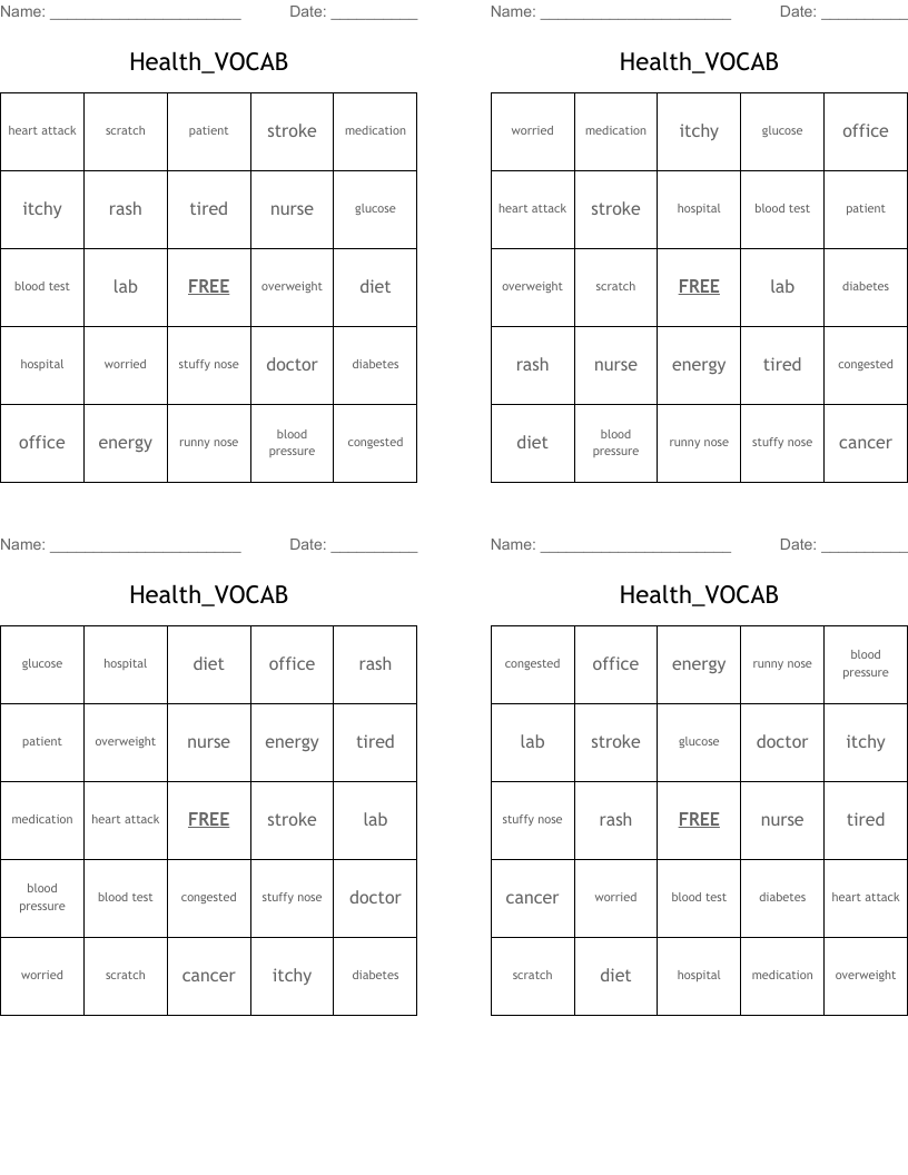 Health_VOCAB Bingo Cards
