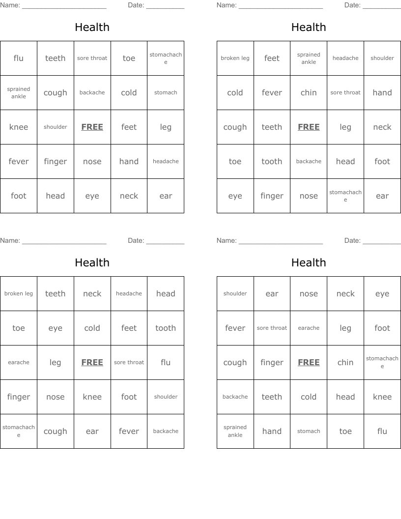 Health Bingo Cards