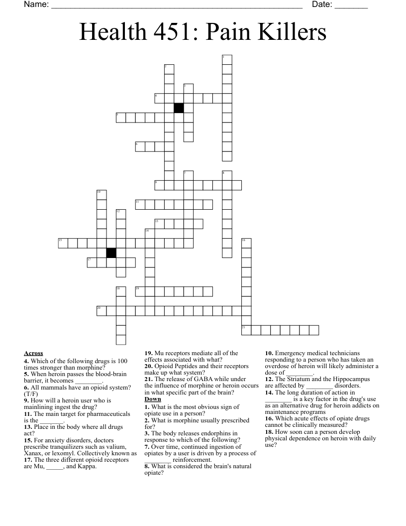 Health 451: Pain Killers Crossword