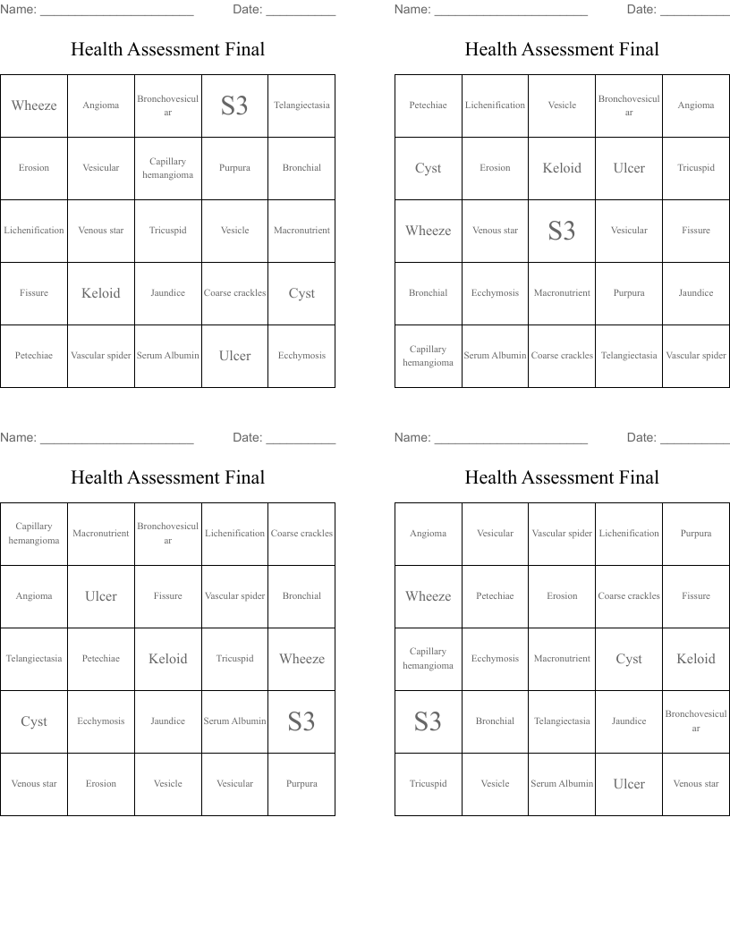 Health Assessment Final Bingo Cards