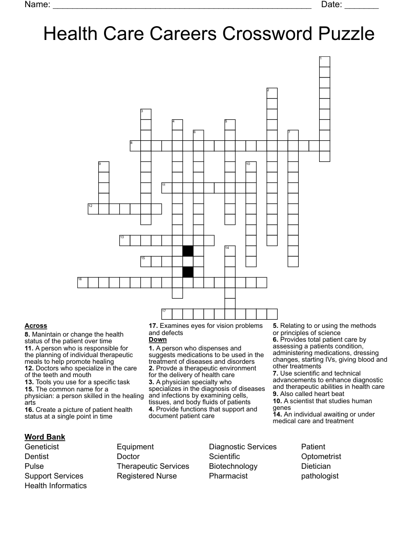 Health Care Careers Crossword Puzzle