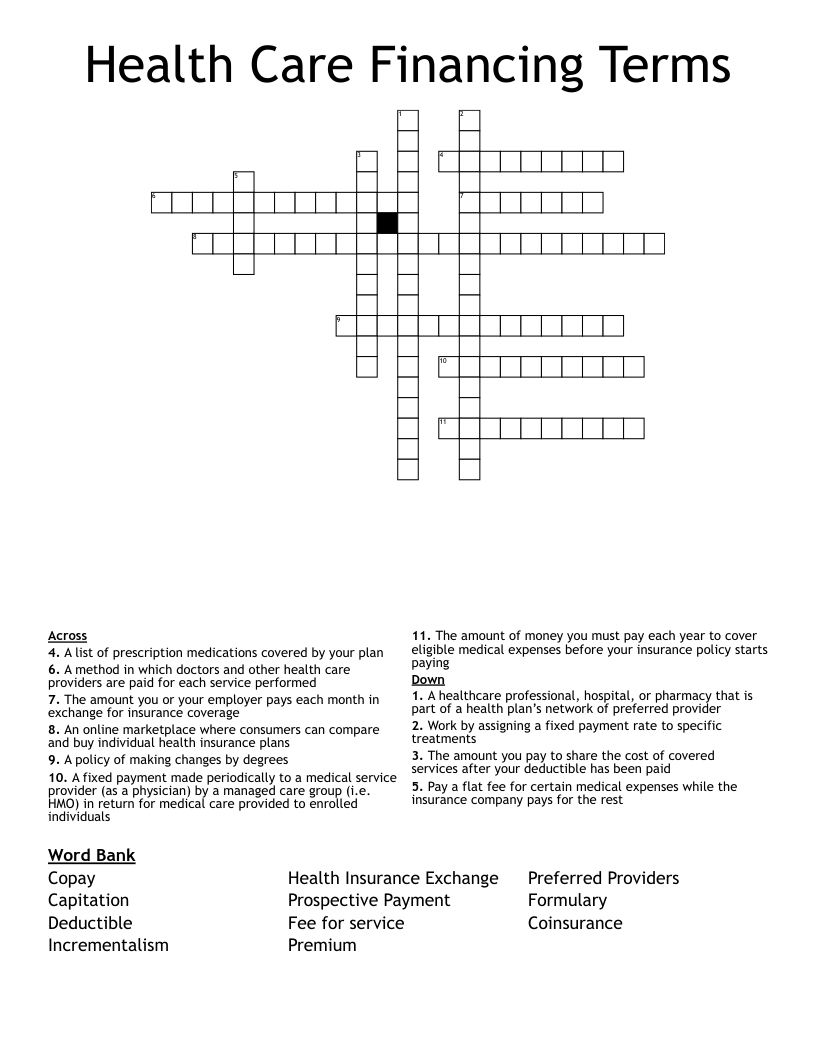 Health Care Financing Terms Crossword