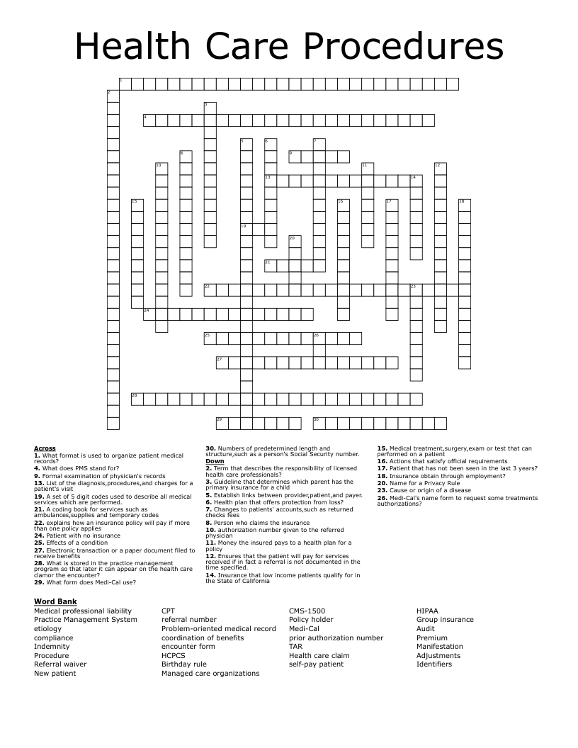 Health Care Procedures Crossword