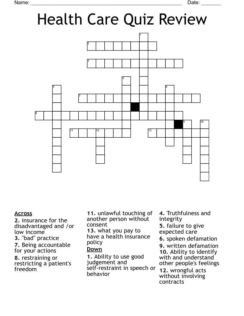 Health Care Quiz Review Crossword