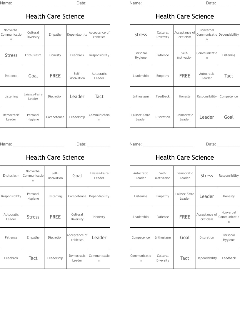 Health Care Science  Bingo Cards