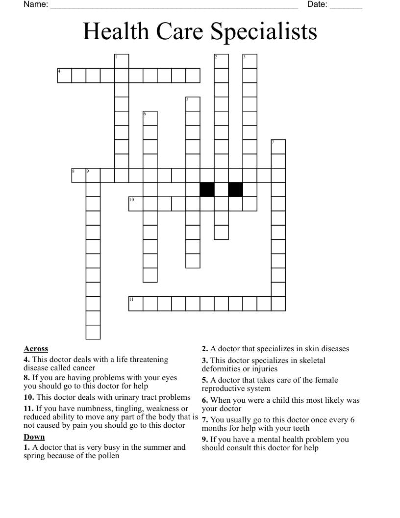 Health Care Specialists Crossword