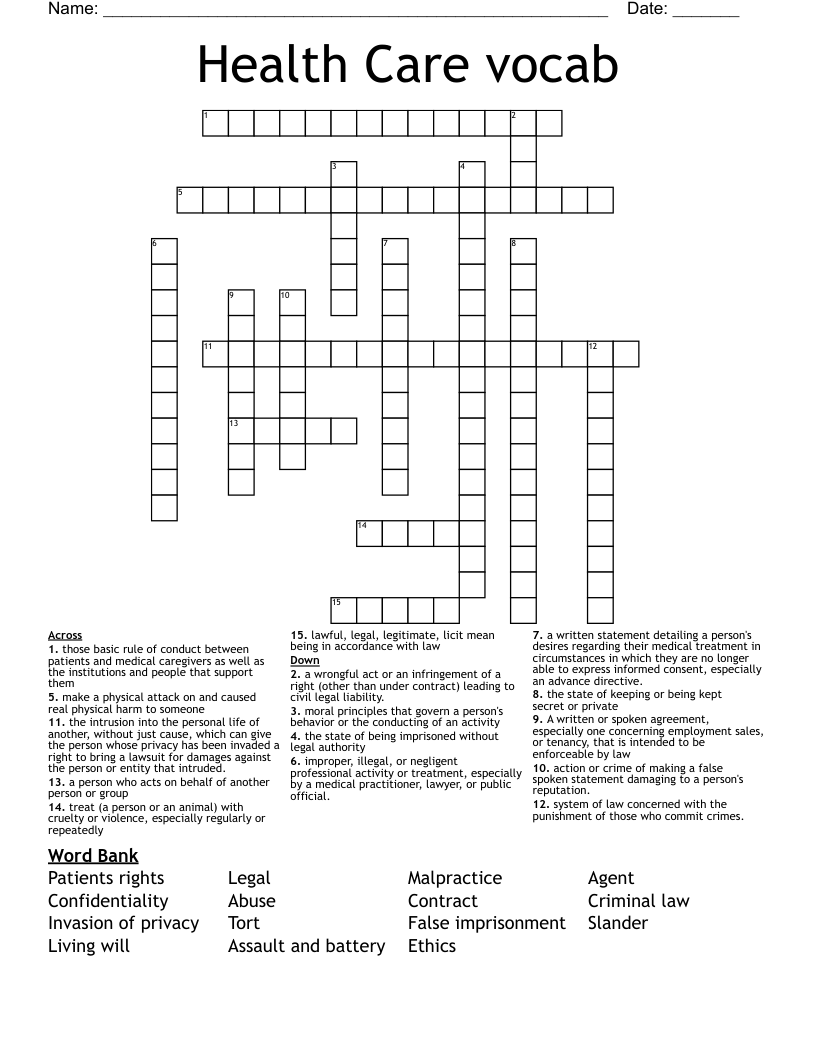 Health Care vocab Crossword