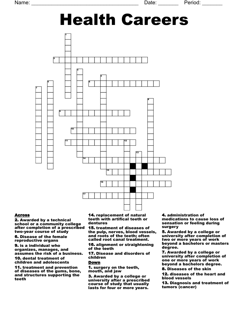 Health Careers Crossword