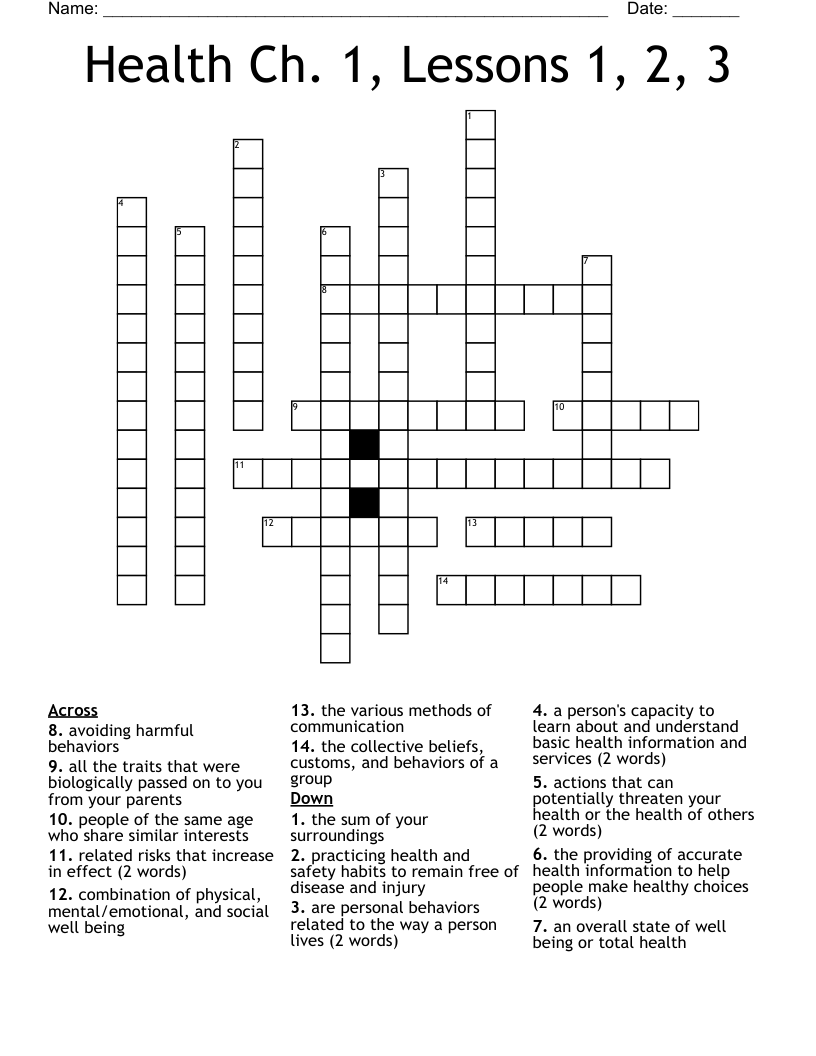 Health Ch. 1, Lessons 1, 2, 3 Crossword
