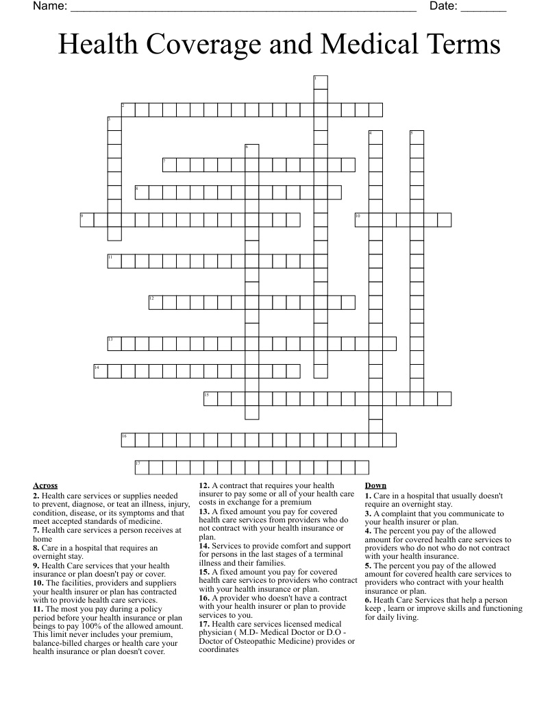Health Coverage and Medical Terms Crossword