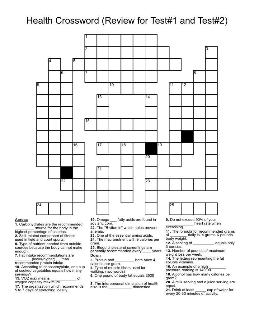 Health Crossword (Review for Test#1 and Test#2)