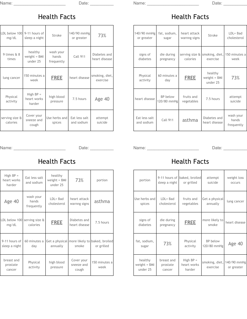 Health Facts Bingo Cards