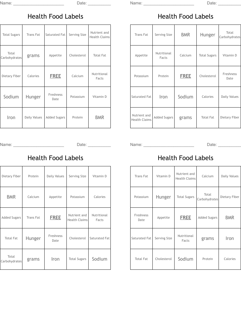 Health Food Labels Bingo Cards