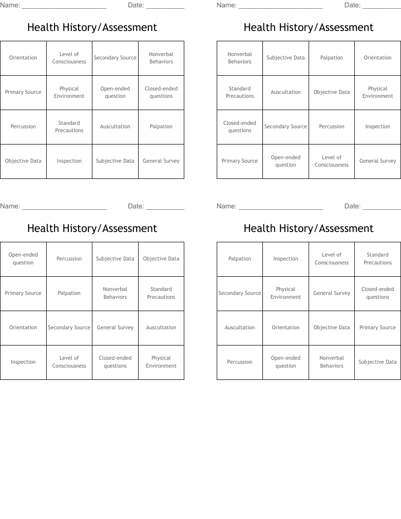 Health History/Assessment Bingo Cards