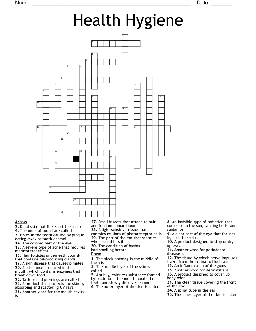 Health Hygiene Crossword