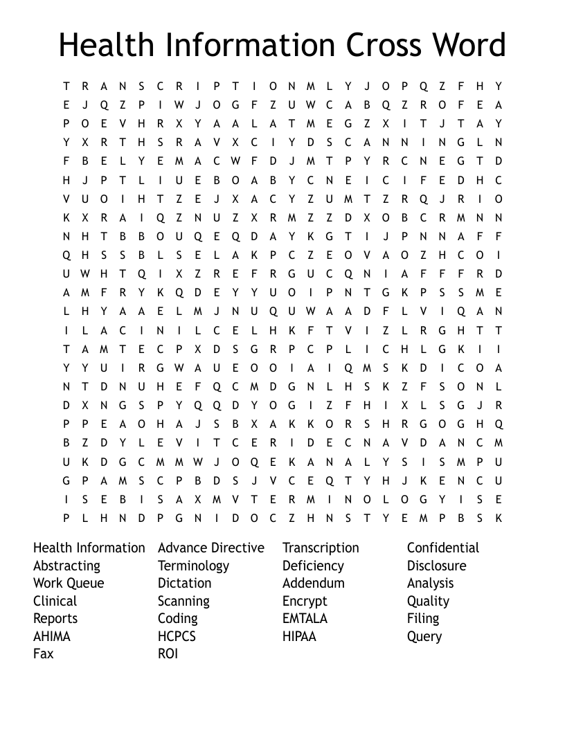 Health Information Cross Word Word Search