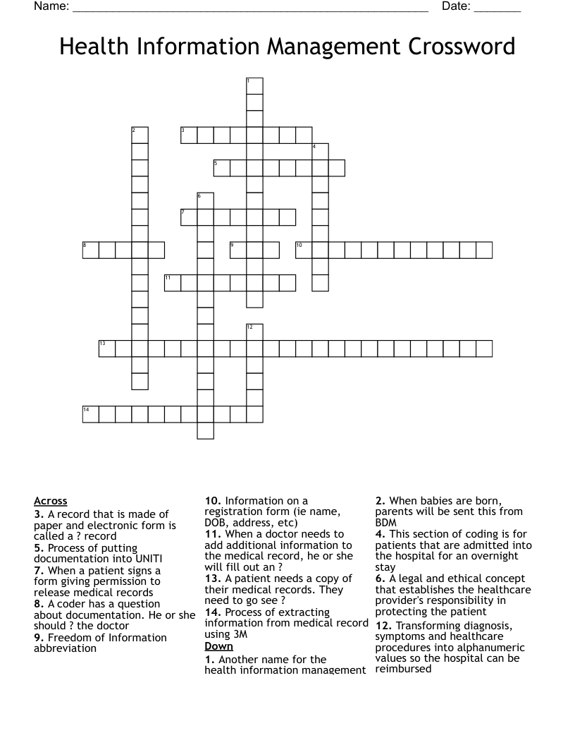 Health Information Management Crossword
