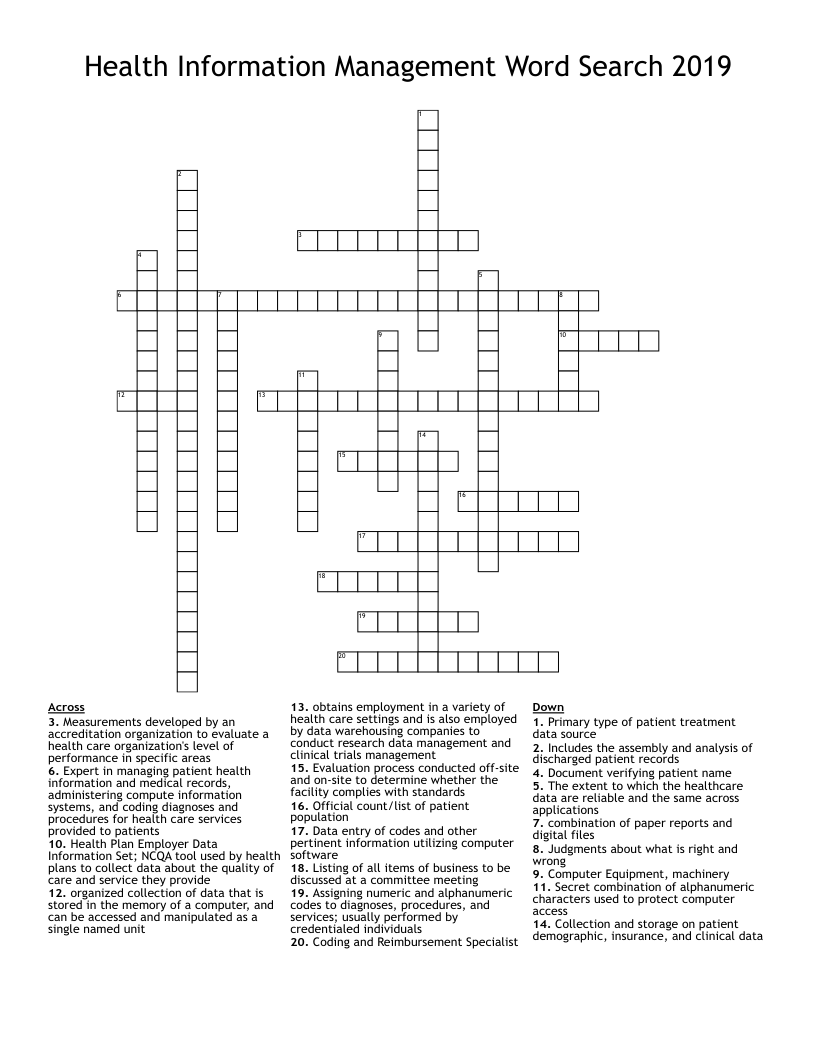 Health Information Management Word Search 2019 Crossword