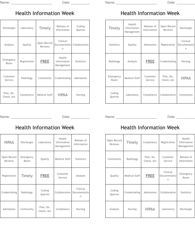 Health Information Week Bingo Cards