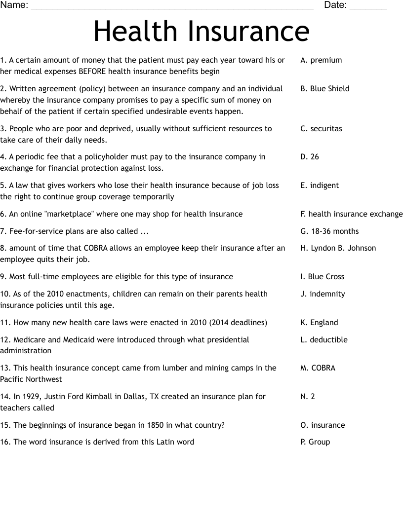 Health Insurance Worksheet