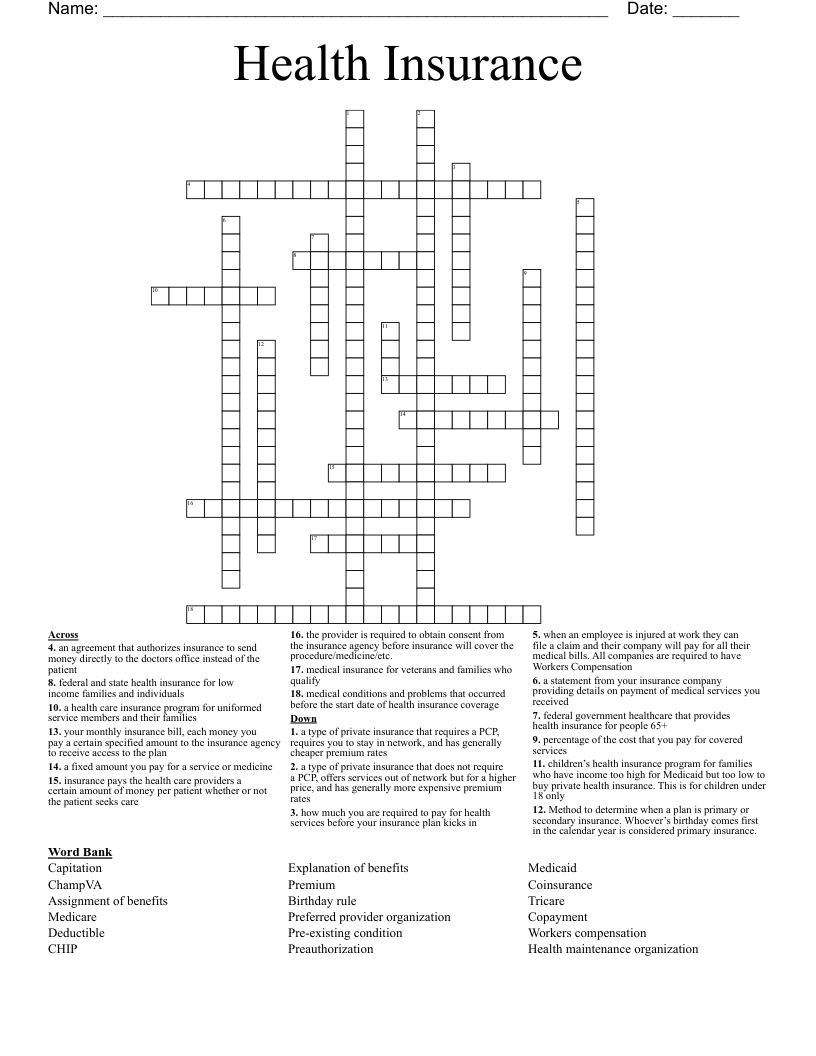 Health Insurance Crossword