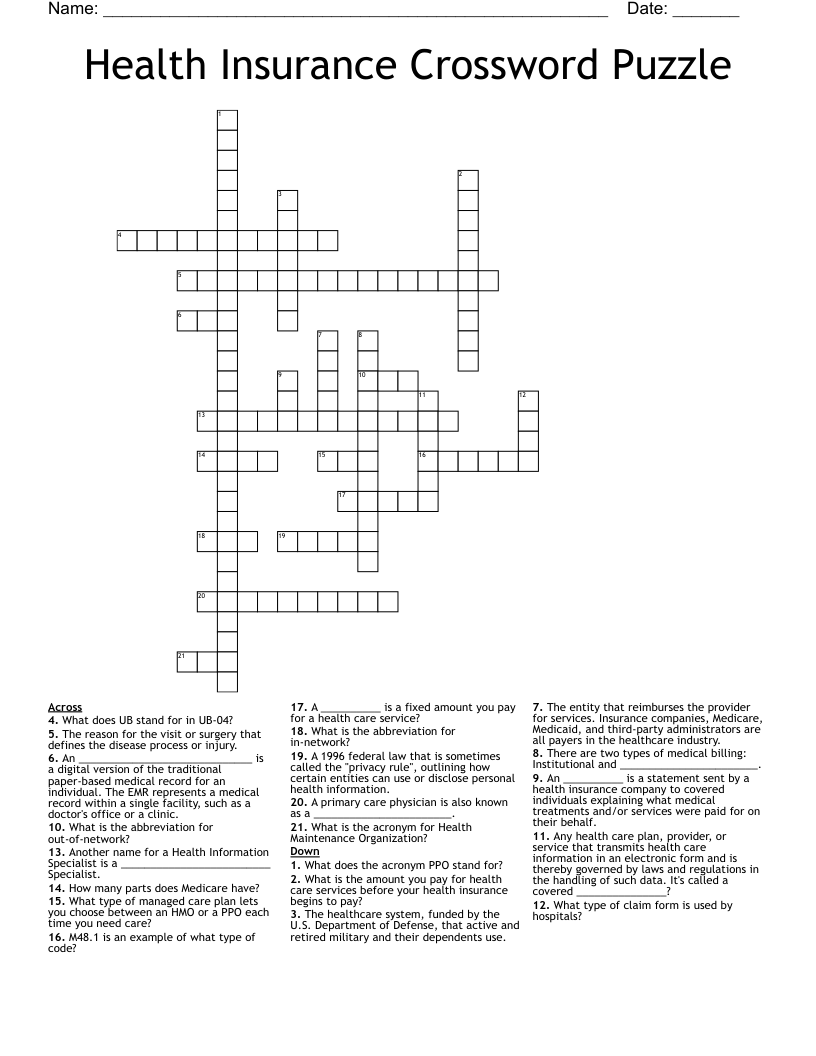 Health Insurance Crossword Puzzle