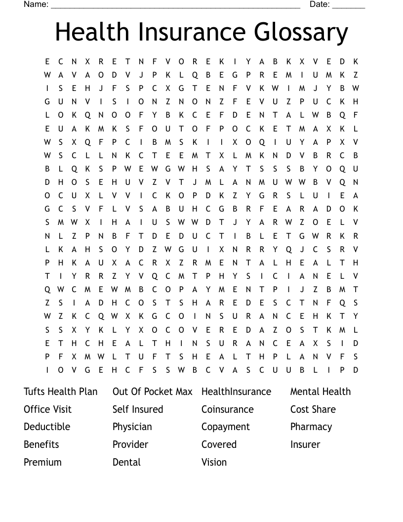 Health Insurance Glossary Word Search
