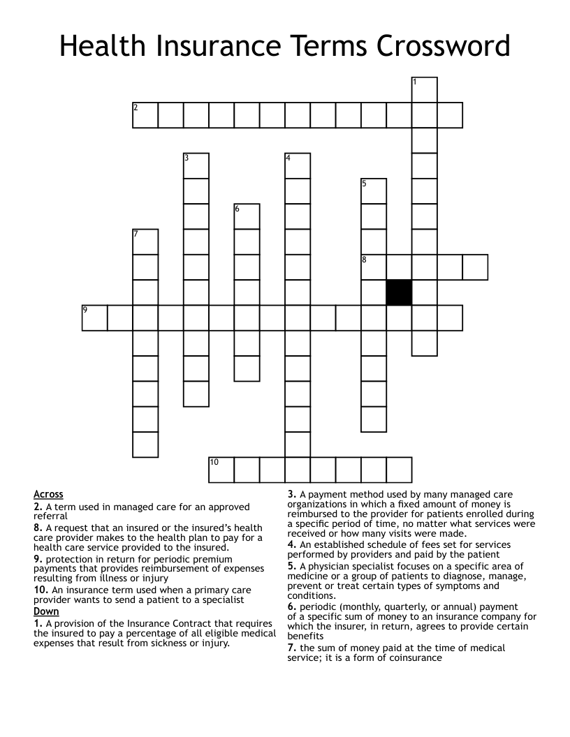Health Insurance Terms Crossword